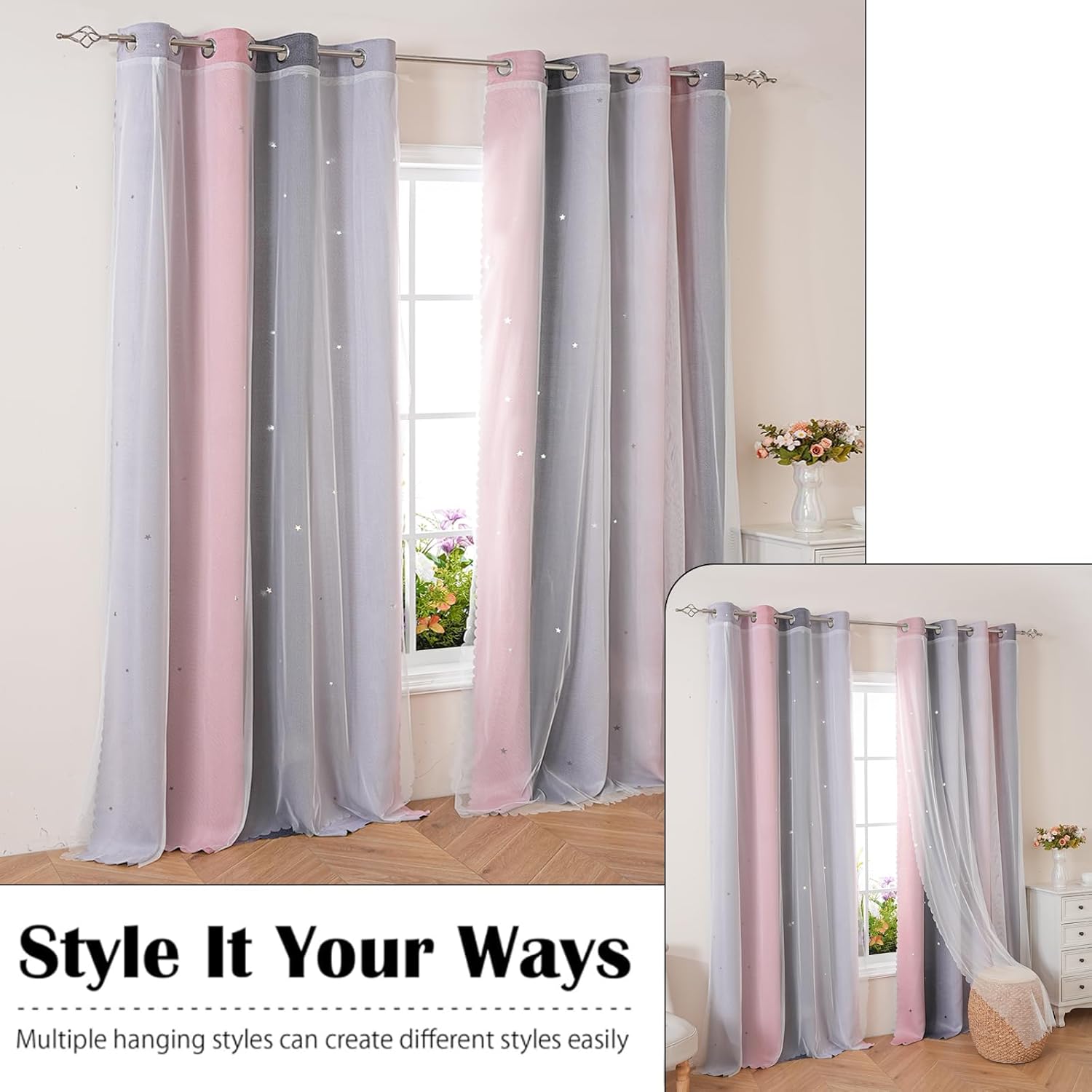 Pink Star 84 inches Length Kids Curtains for Bedroom Star Blackout Window Curtain for Girls Living Room Darkening Romantic Nursery Window Curtain 2 Panels, Pink Grey, 52W x 84L