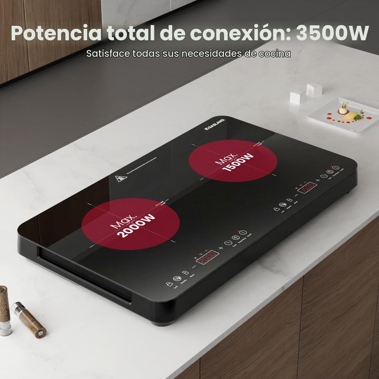 GASLAND IH582BTA Placa de inducción doble, 58 cm, 3500W Placa de inducción portátil con 2 zonas, control táctil, 10 niveles de temperatura, 10 niveles de potencia, ahorro de energía