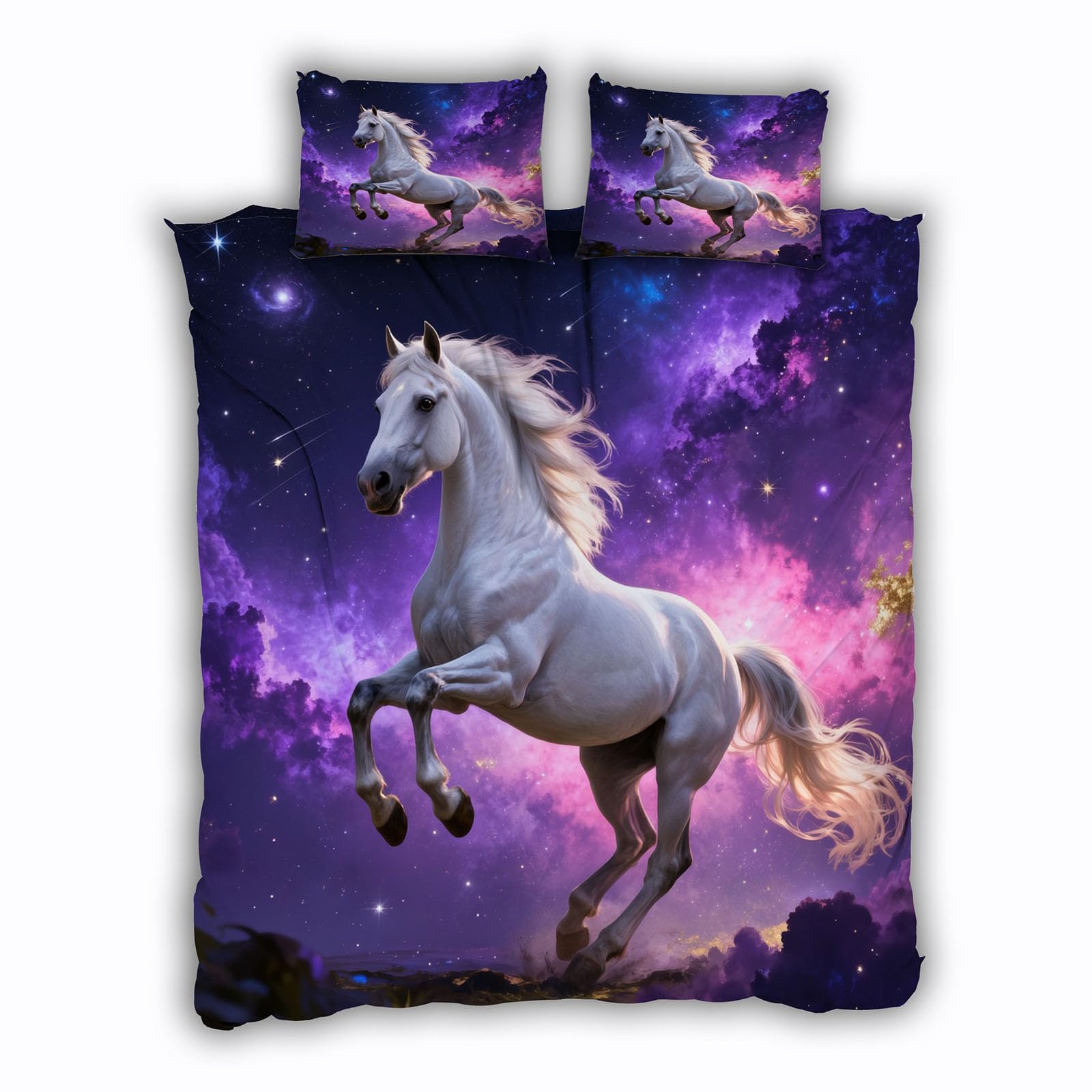 Wendebettwäsche Pferd 220x240 3teilig mit 2 Kissenbezug 80x80（WJT 4-1） | Sommer Bettwäsche Sternenhimmel Bettbezüge Set mit Reißverschluss Weich Mikrofaser Winter Bettwaren