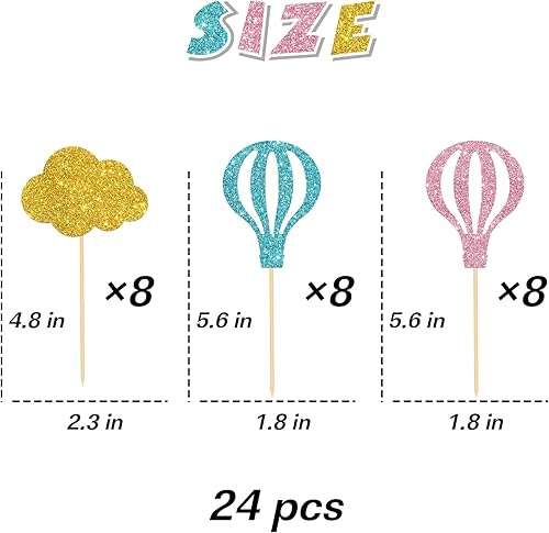 Miniatura 2 de 24 decoraciones para cupcakes con purpurina para globos de aire caliente, decoración de nubes para baby shower/cumpleaños de niños, temática de