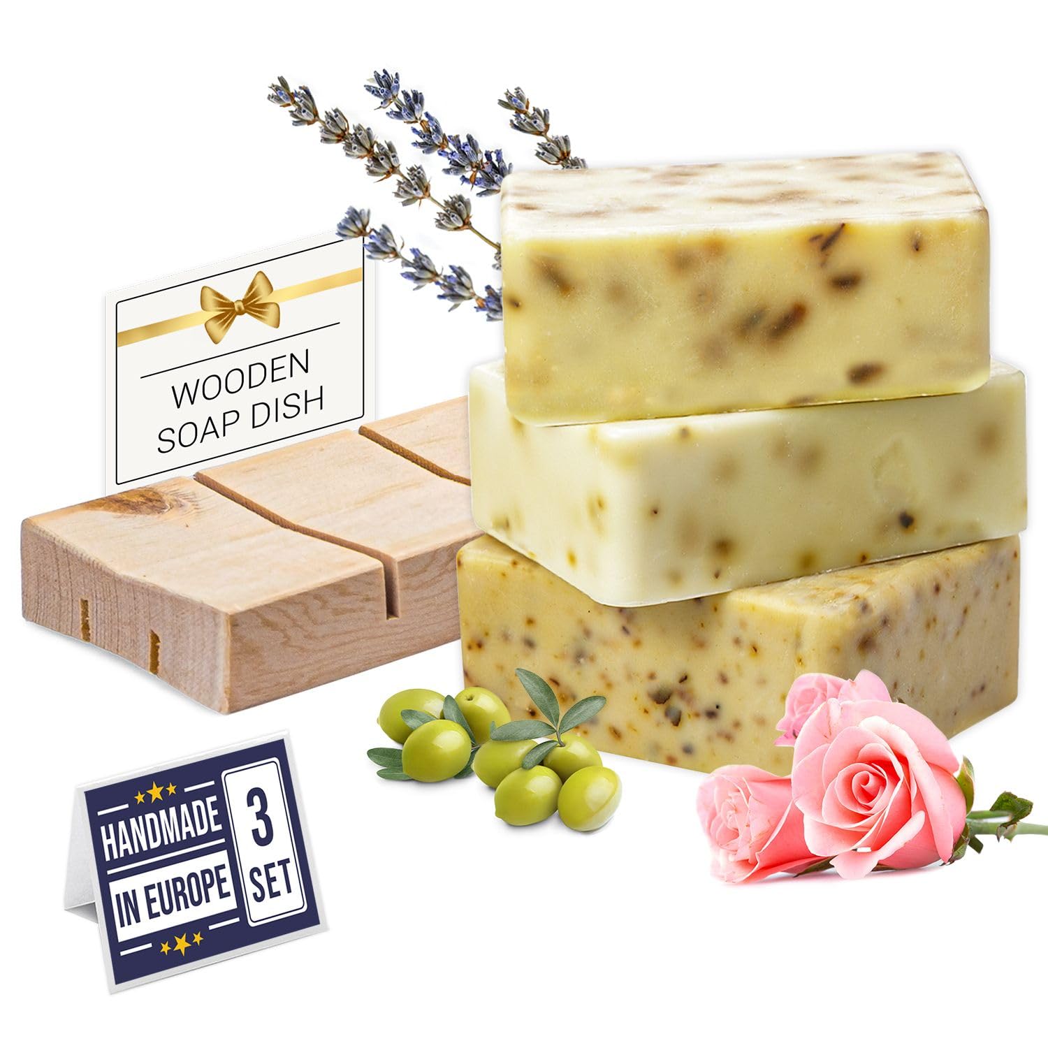 All Natural Set of Soap Bars, Rose, Lavender, Olive Oil with Wooden Soap Dish, Assortment of Natural Hand-Made Soaps, Made in Europe
