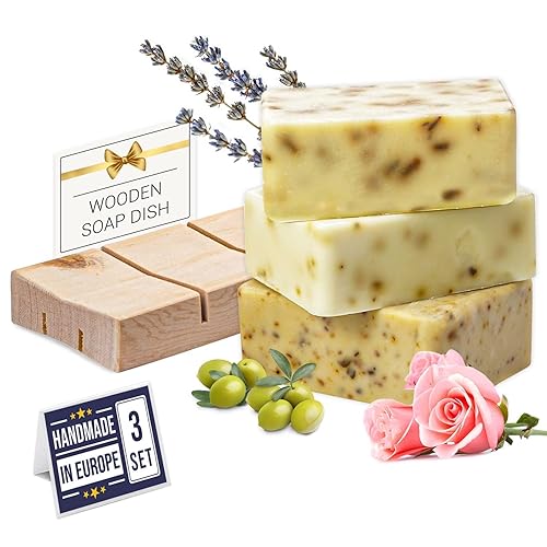 Juego de barras de jabón totalmente naturales, rosa, lavanda, aceite de oliva con jabonera de madera, surtido de jabones naturales hechos a mano,