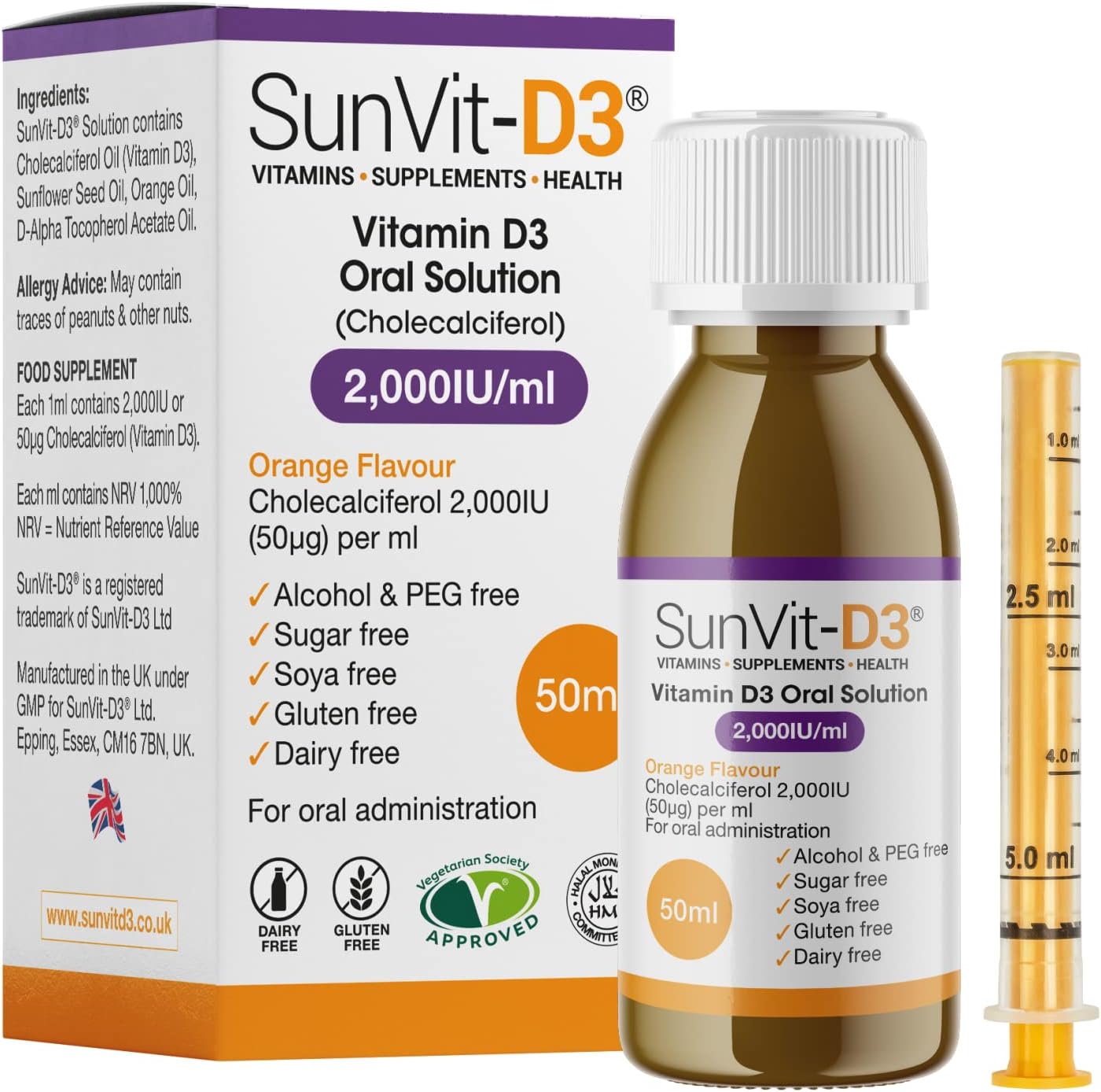 – SunVit-D3 Vitamin D3 2000IU Oral Solution - Vitamin D for Kids | Cholecalciferol Vitamin D Drops Baby | Supports Bone, Teeth, Muscle & Immune System (50ml Orange Flavor)