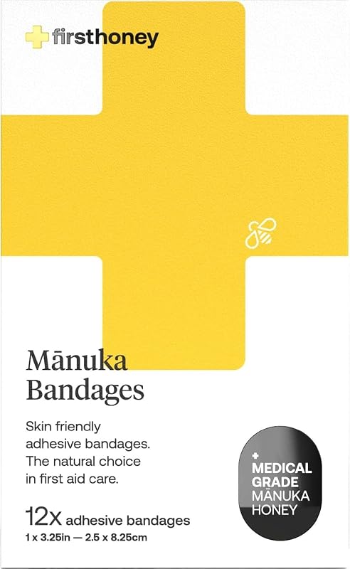 Manuka Honey Adhesive Bandages 12 Pack | Latex Free, Antibiotic Free Wound Dressing | Medical Grade Honey Adhesive Pads | First Aid Care Burns, Cuts, Scrapes, Wounds, Lacerations