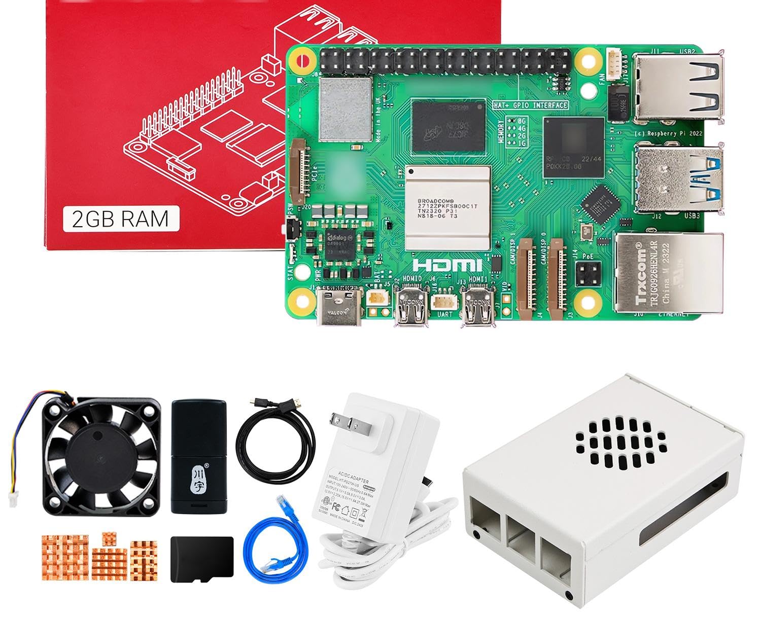 Yahboom Pi 5 2GB Development Board Starter Kit with 27W 5.1V/5A Power Adapter Heat Sink and Metal Case, TF Card, HDMI Cable (Pi5 2GB, Metal Case Kit)