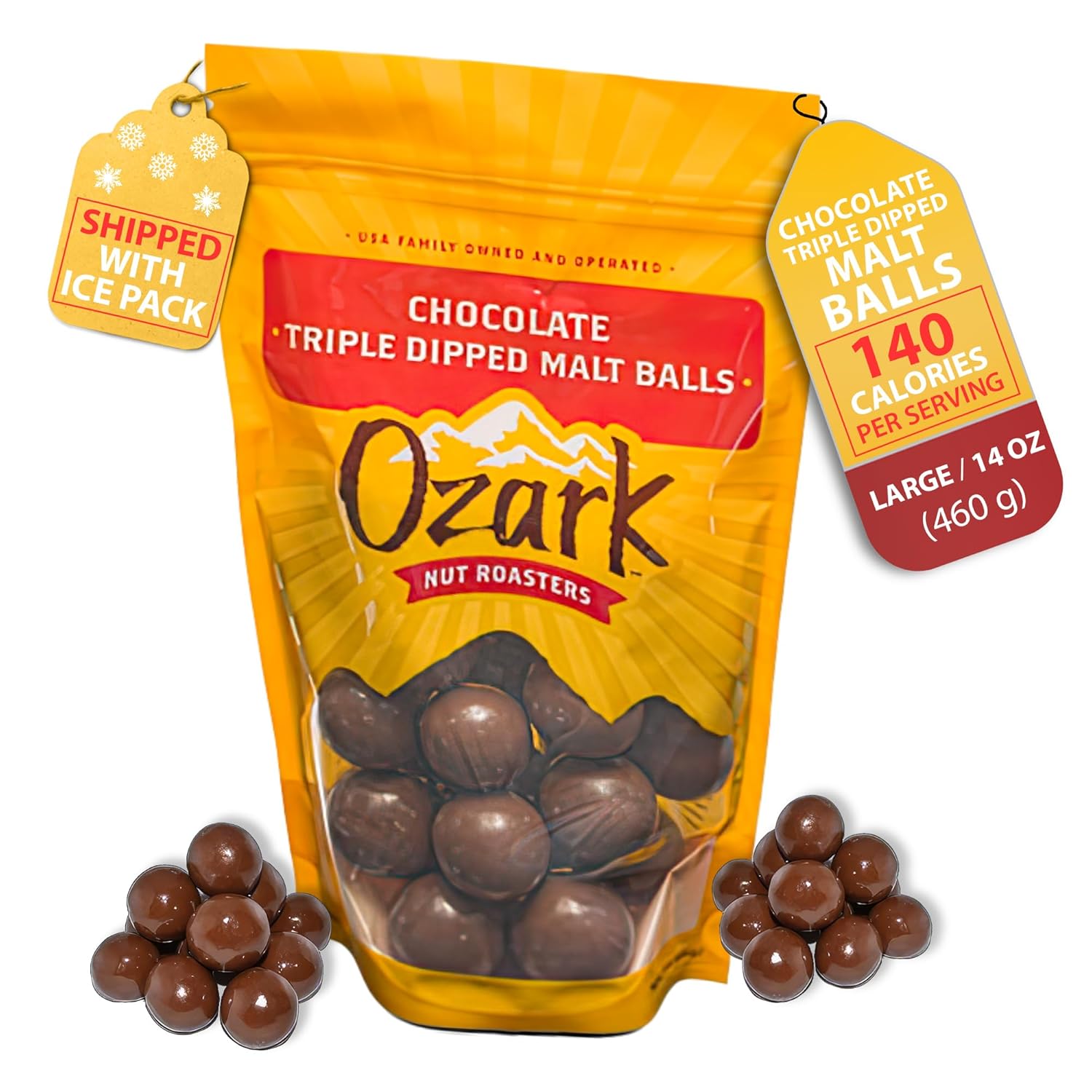 OZARK NUT ROASTERS Chocolate Malt Balls, Gourmet Malted Candy Snack, Rich Chocolate Flavor, Resealable 14 oz Bag, Pack of 2
