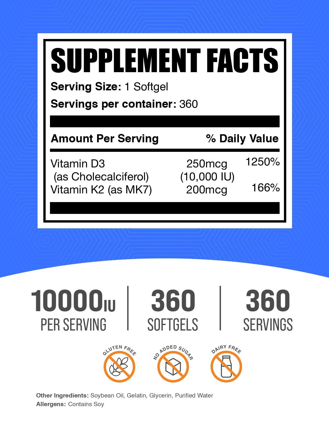 BulkSupplements.com Vitamin D3 + K2 10000 IU Softgels - 360 Count — Amazon image 2