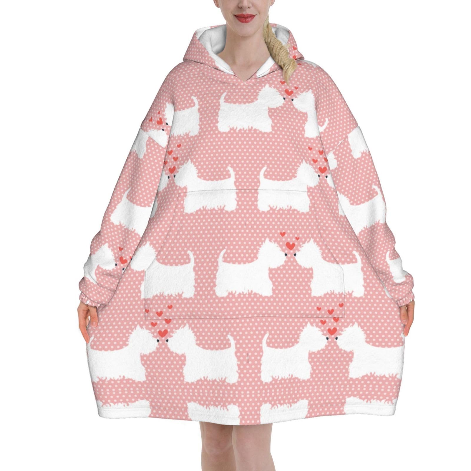 Poadnly Unisex As Picture Westie Dogs Pattern,Women's Oversized Wearable Blanket Hoodie, Blanket Sweatshirt,Flannel Pullover Blanket