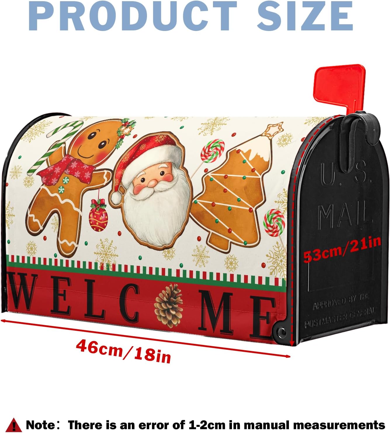 Winter Christmas Magnetic Mailbox Cover Standard Size 21"x18" Xmas Gingerbread Man Mailbox Covers Red Welcome Santa Claus Post Letter Box Wraps for Garden Outdoor Yard Decor