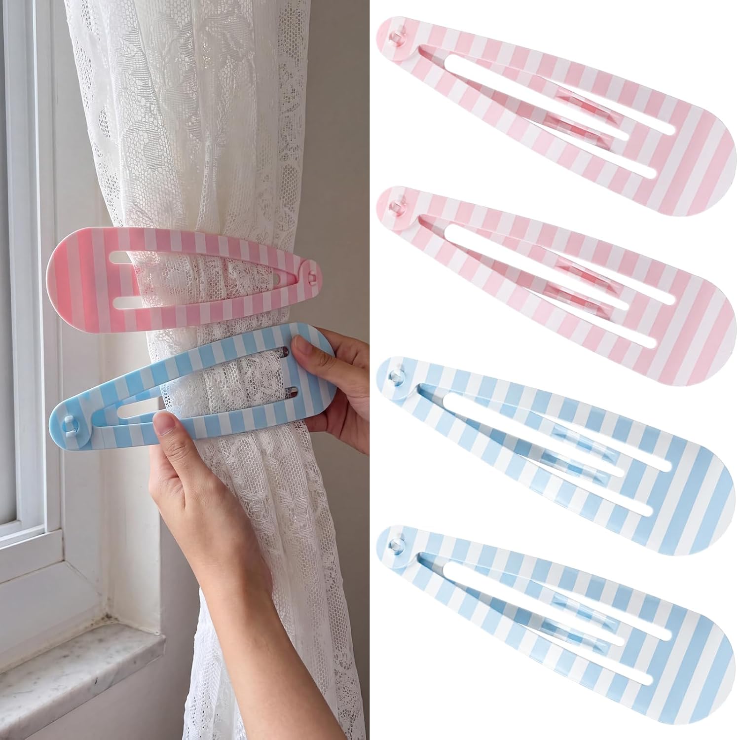 4 Pcs 11 Inch Giant Hair Clips Decor for Women, Striped Pink, Blue