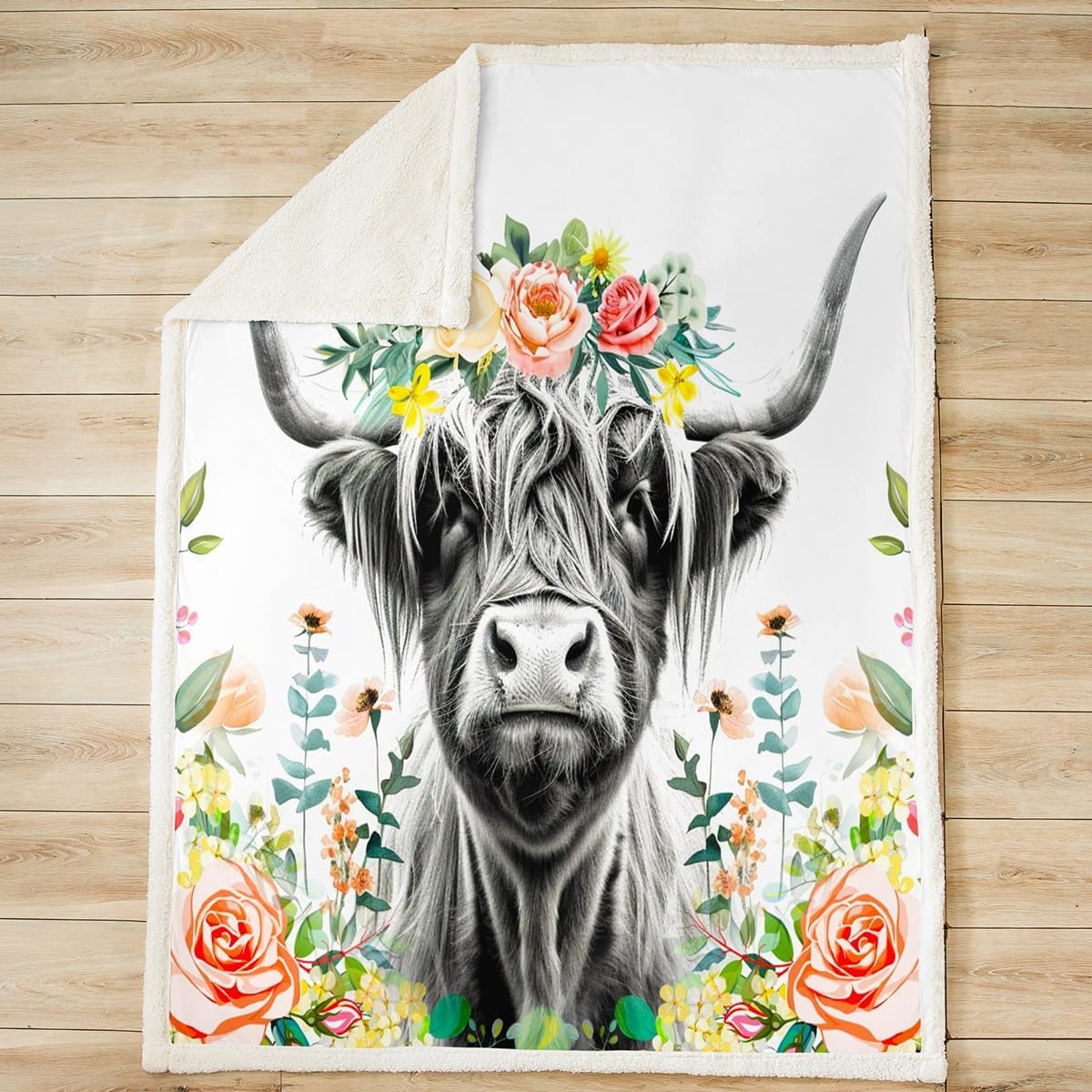 Highland Cow Fleece Throw Blanket for Girls Boys Kids Bull Cattle Flowers Plush Blanket Western Wild Animal Sherpa Blanket Room Decor Wildlife Cow Fuzzy Blanket for Sofa Bed Couch, Twin 60x80 Inch