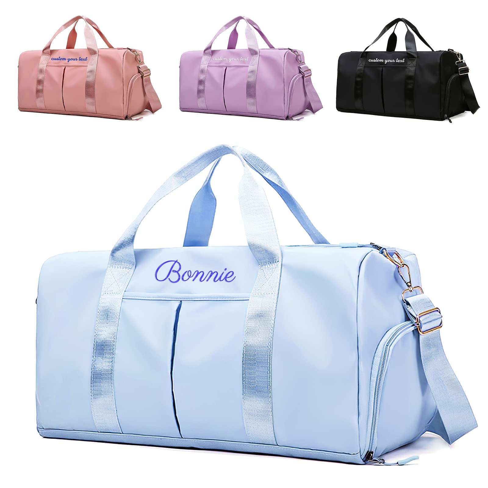 YAEILOV Personalized Blue Polyester Duffel Bag, 19.68 x 11.4 x 9.05 inches, Custom Sports Gym Travel Bag with Wet Dry Pockets & Shoe Compartment