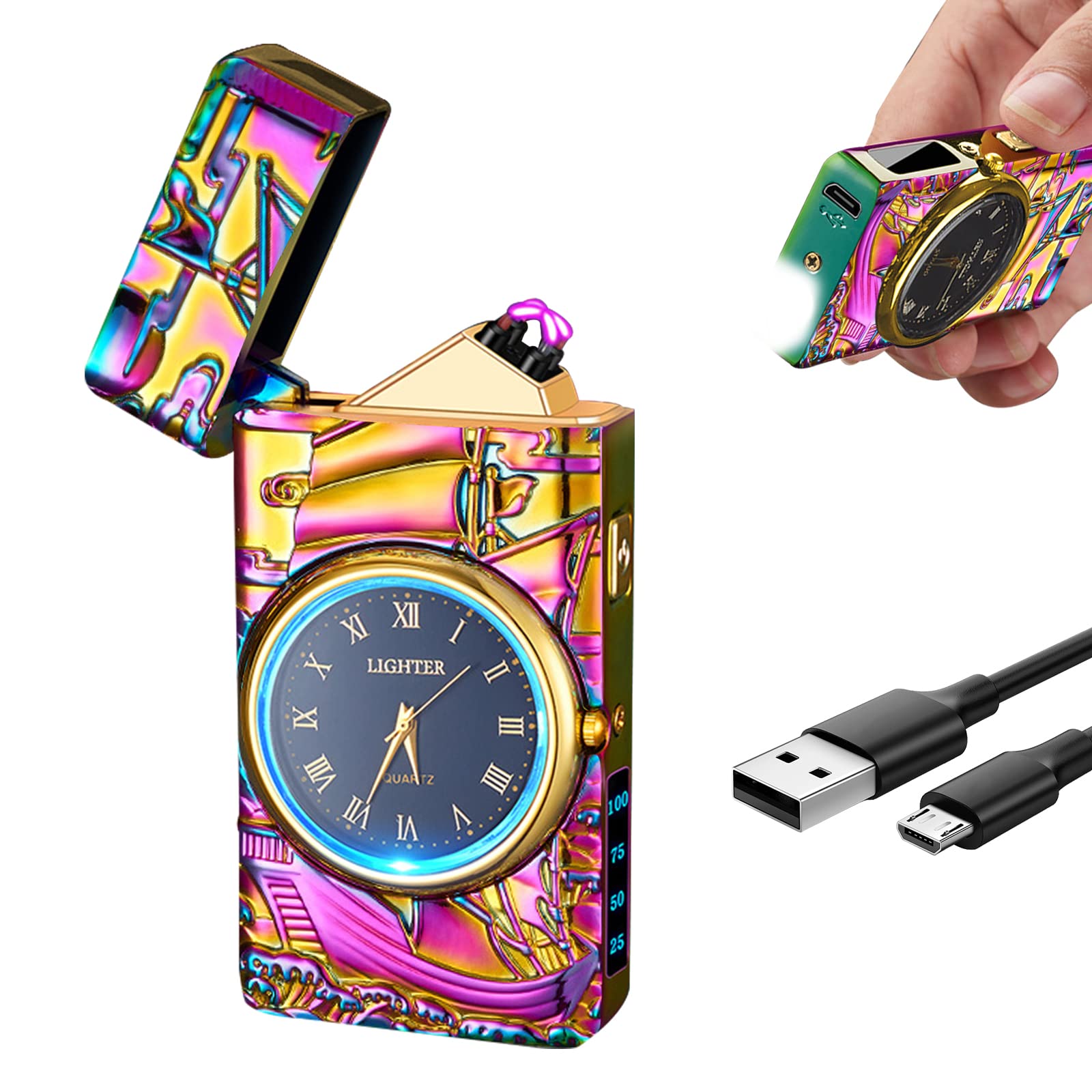 Briquet électronique USB double arc électrique plasma coloré avec batterie