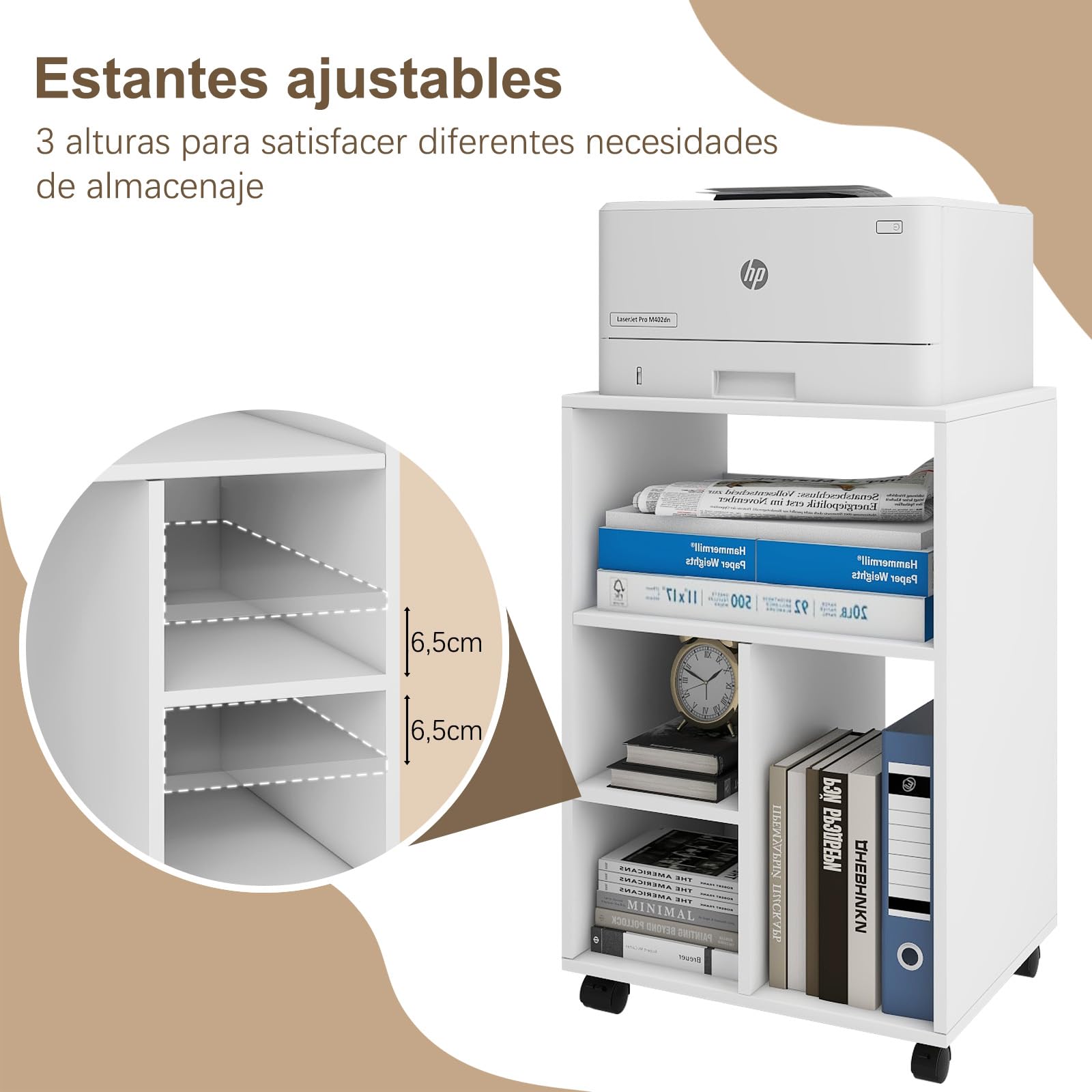 PUNCIA Mueble para Impresora con Ruedas Archivador Auxiliar Oficina de Madera con 4 Estantes Ajustables Mesa de Impresora Armario Móvil para Documentos DIN A4 Carro de Despacho Estudio Blanco