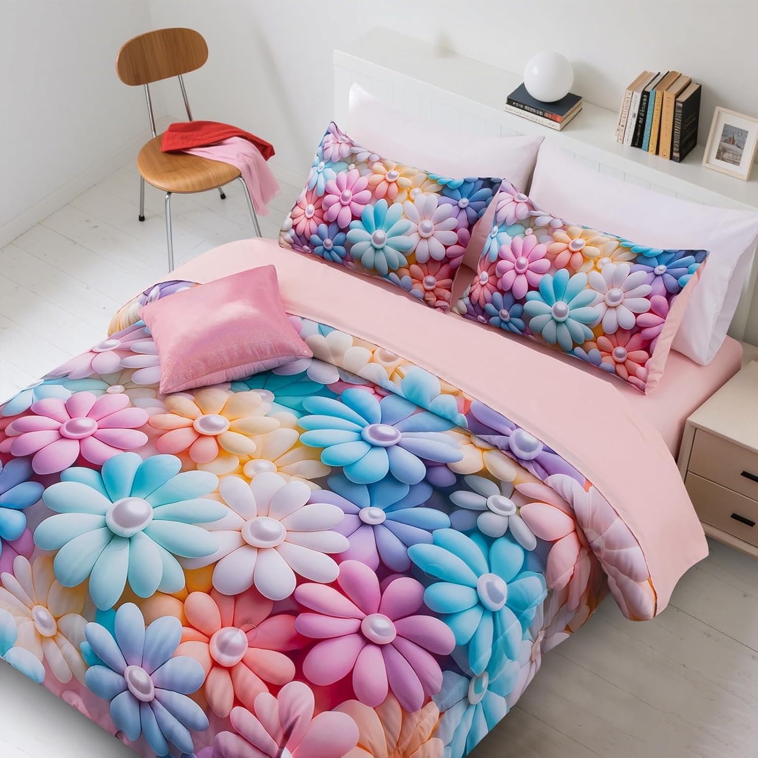 A Nice Night Stunning Blooming 3D Flower Floral Comforter Sets, with Pearl Flower Core Pattern Bedding Set for Girls Full Size, Ultra Soft Bedding Sets (Blue-Purple, Full 6Pcs)