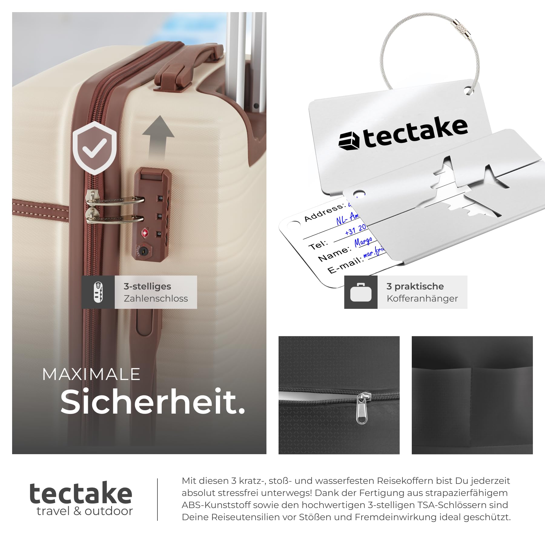 tectake® 13-TLG. Koffer Set mit Reisetasche, Koffer & Trolleys, Reisekoffer mit Rollen, Kofferset mit 3X Koffer groß und Tasche, Hartschalenkoffer mit TSA Schloss - Creme