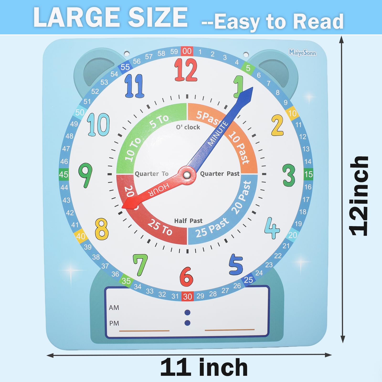 Orologio didattico per bambini, grande, magnetico, scrivibile, cancellabile a secco, con penna, 30,5 cm, orologio dimostrativo per insegnare l'ora per imparare a leggere l'ora per i bambini, a casa