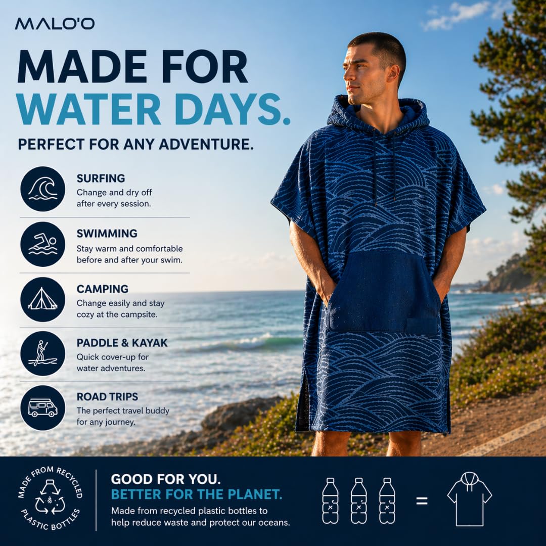Malo'o Nalu Surf Poncho Wickelmantel mit Kapuze, weich und warm, Kinder- und Erwachsenengrößen, Wickeltuch und Poncho