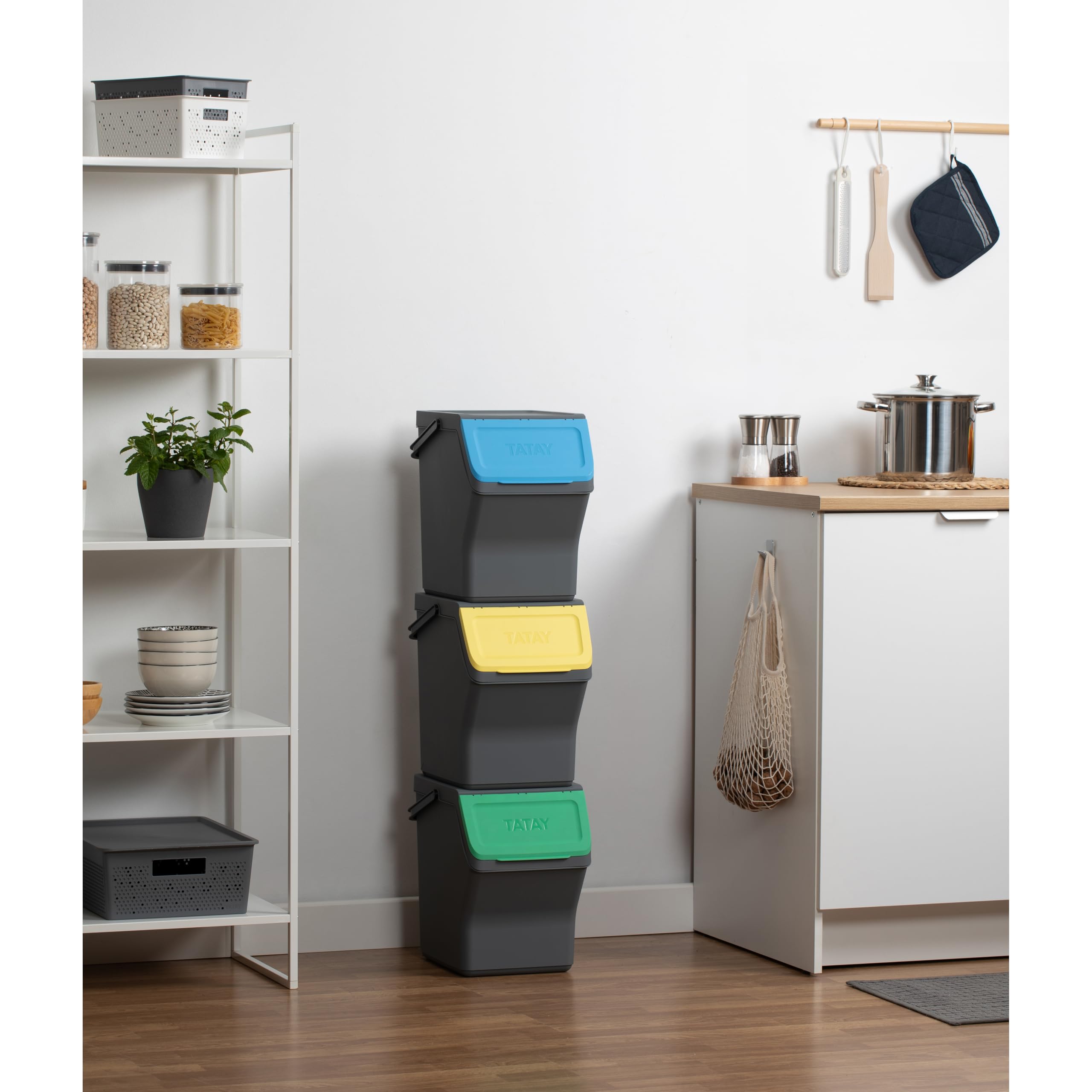 TATAY Mülltrennsystem Easy Waste 3-teiliges Set 3er Set Recycling Behälter | Mülltrennsystem Haushalt | Volumen 20 L | 35x27x36 cm | Modulares Design | Deckel mit Klicksystem | Recyceltem Material, Grau