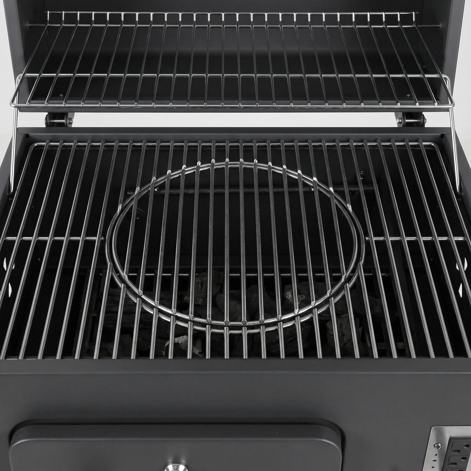 TLGREEN Barbacoa de carbón vegetal con tapa, termómetro, 2 ruedas, bandeja de carbón ajustable en 6 alturas, parrilla cromada, 130 x 56 x 137 cm, barbacoa ahumador para balcón, jardín, camping, gris