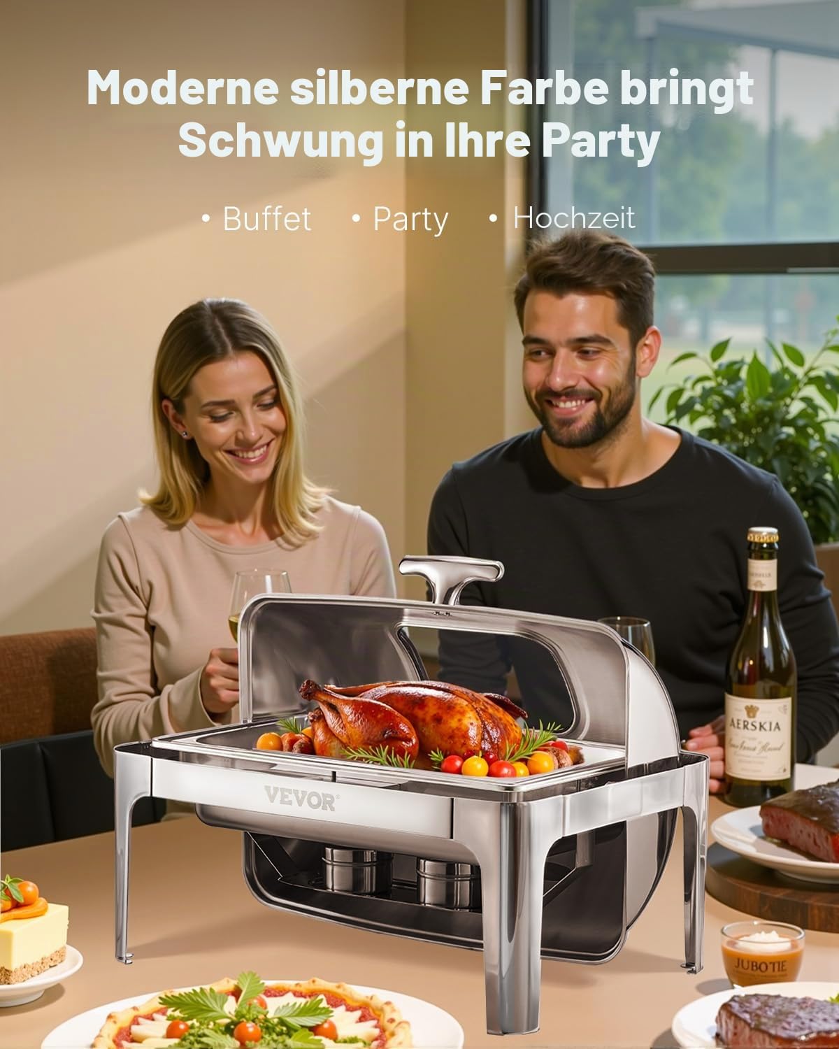 VEVOR Chafing Dish Set Speisenwärmer Edelstahl mit 2 Pfannen in halber Größe (3,9 L), rechteckiger Wärmespender mit sichtbarem Deckel & Wasserpfannenständer & Brennstoffhalter, für Partys Silber