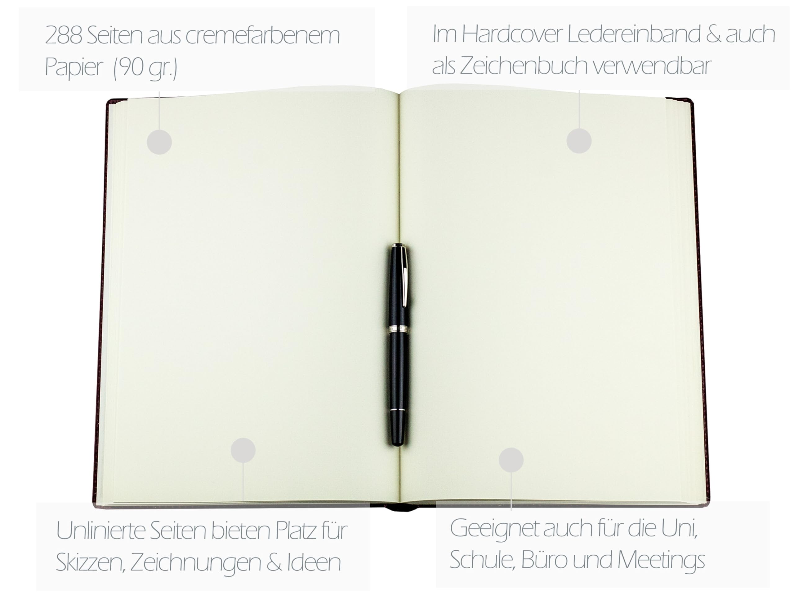 DELMON VARONE - Personalisierbares Notizbuch DIN A4 gebunden Premium Cambridge Leder schwarz - Blanko Skizzen Buch unliniert im Hardcover Echtleder Einband - auch als Tagebuch, Reisebuch & Skizzenbuch