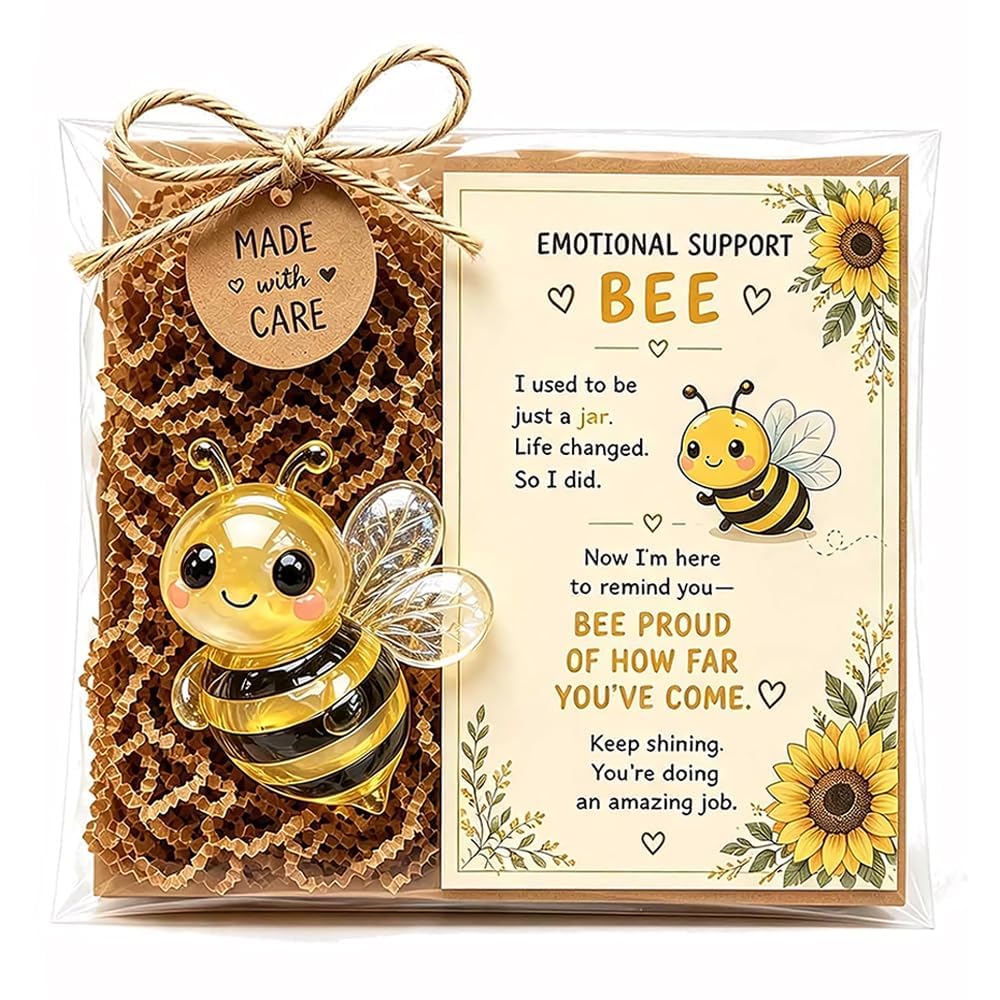 Emotional Support Glass Animal Gift Set with Encouragement Card，Bee