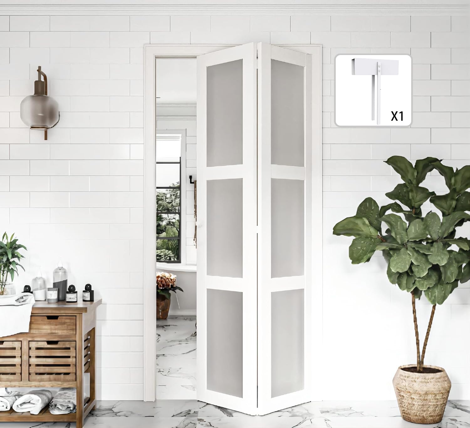 BARNER HOME Bi-Fold Doors, for 36in. x 80 in Opening, 3-lite Tempered Frosted Glass Panel, MDF, White Closet Door