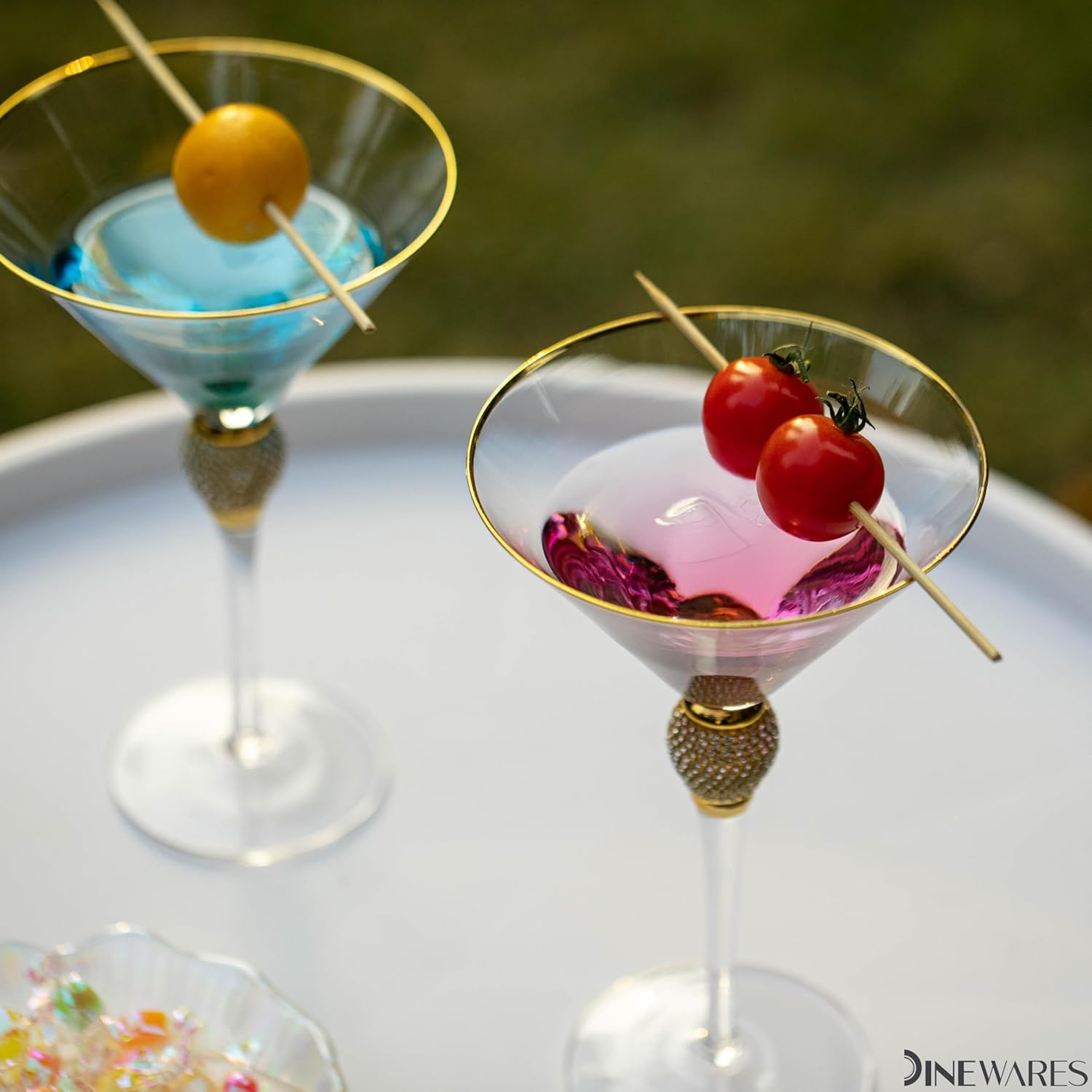 4 Piece Premium Clear Stem Crystal Martini Glasses with Gold Rim and Diamond-like Rhinestones, Elegant 10oz Glassware Set for Cosmopolitan, Vodka, Gin and Other Cocktails, Fancy Manhattan Drinkware