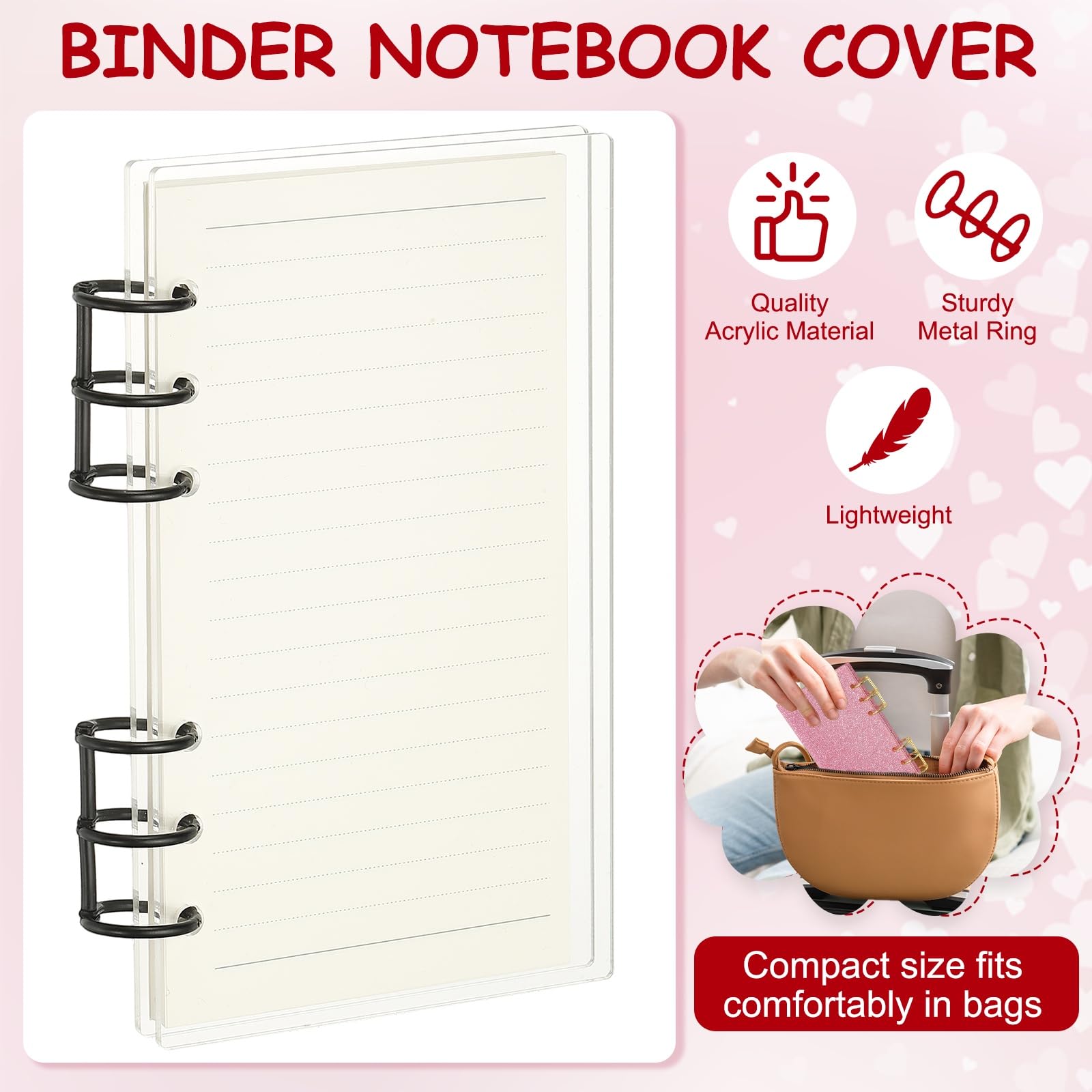 PATIKIL 6 Ring Binder Notebook Cover, A6 Acrylic Binder Notebook 2 Black Metal Round Rings with 90 Sheets Lined Inner Papers for Travel Office Planner Budget, Clear - Image 3
