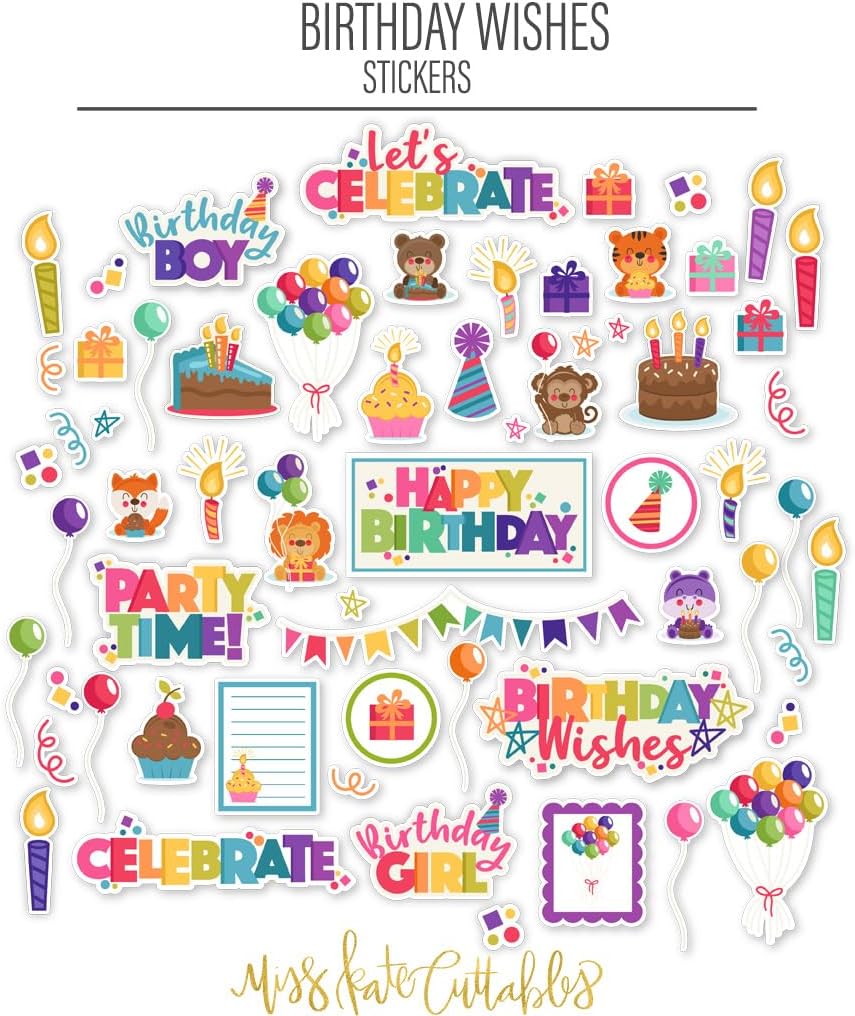 Paper & Sticker Kit – Birthday Wishes – for Happy Kids Party Surprise Cake - Pattern 12x12 Scrapbook Paper 12x12 20 Sheet with 39 Designs & 1 8X12 Sticker Sheet - Scrapbooking -by Miss Kate Cuttables