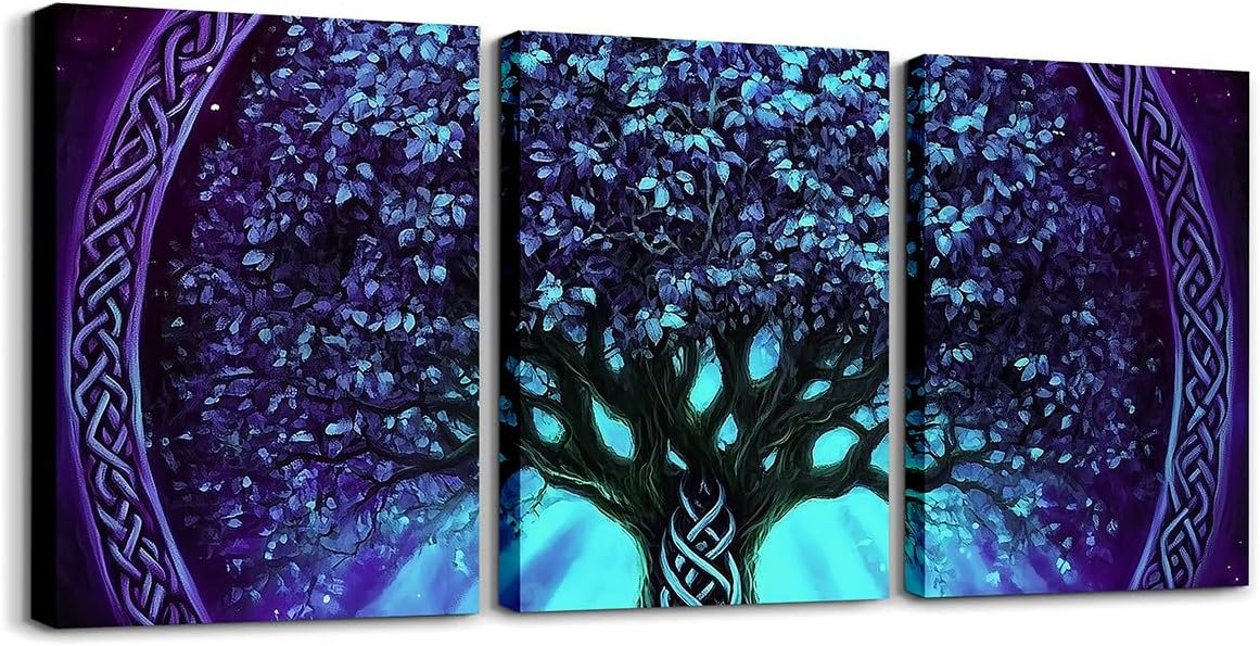 Castle Fairy Tree of Life Wall Art for Living Room,Purple Artwork Wall Decor for Bedroom Decorations for Kitchen,Exotic Style Bohemian Tree Paintings Office Canvas Pictures,Set of 3