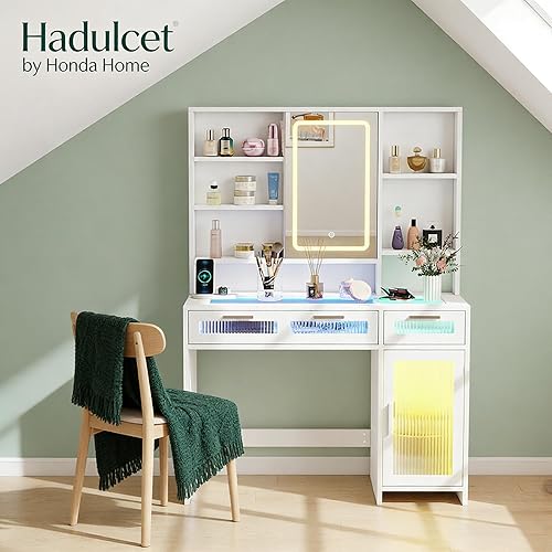 Miniatura 8 de Hadulcet Escritorio de tocador con espejo y luces, tocador de maquillaje con toma de corriente, tocador LED con cajones RGB y gabinete, 10 estantes