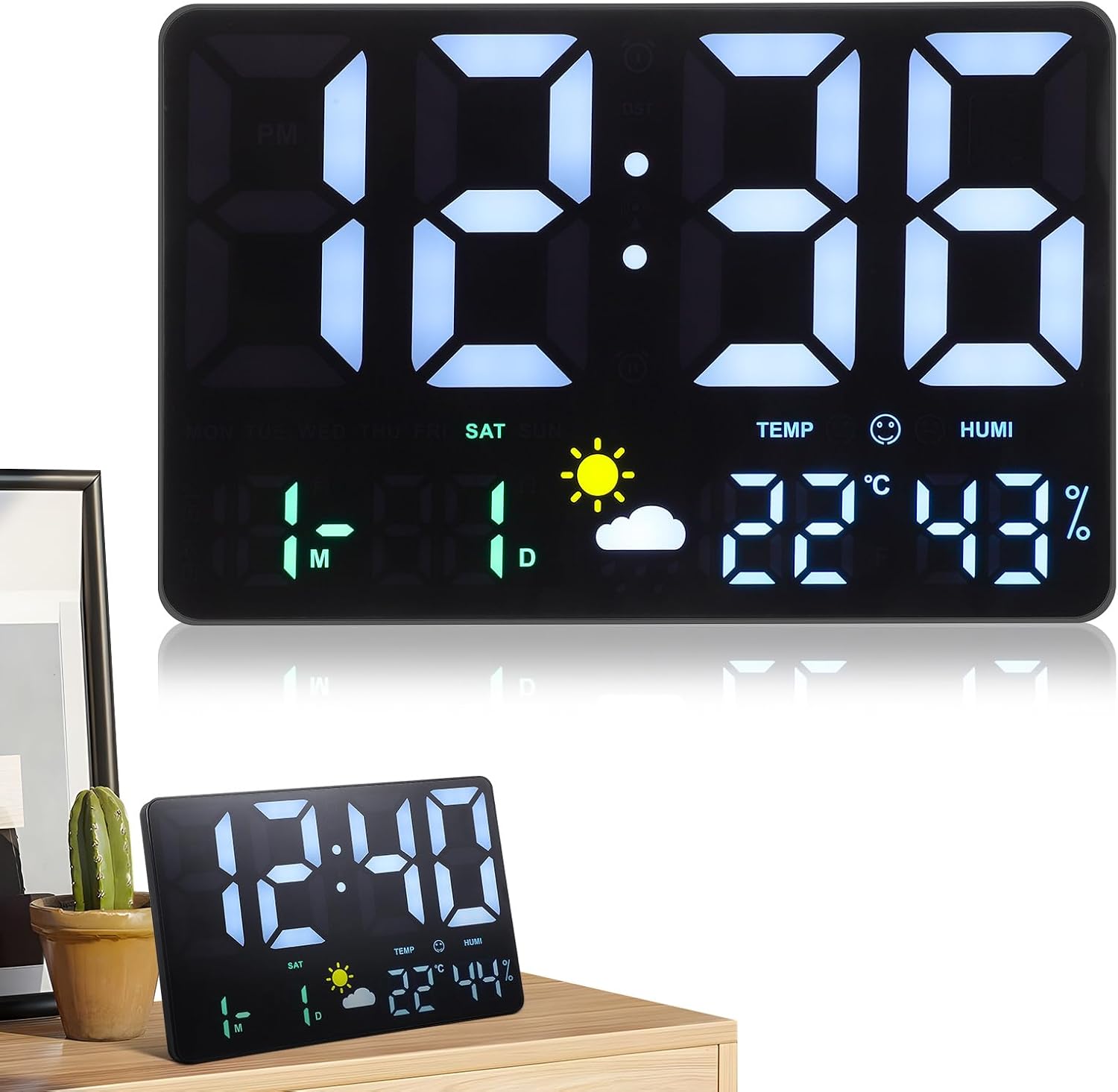 DOITOOL Digital Temperature Wall Clock Large LED Display Humidity Weather Monitoring Clock with Colorful Backlight for Home Office Living Room