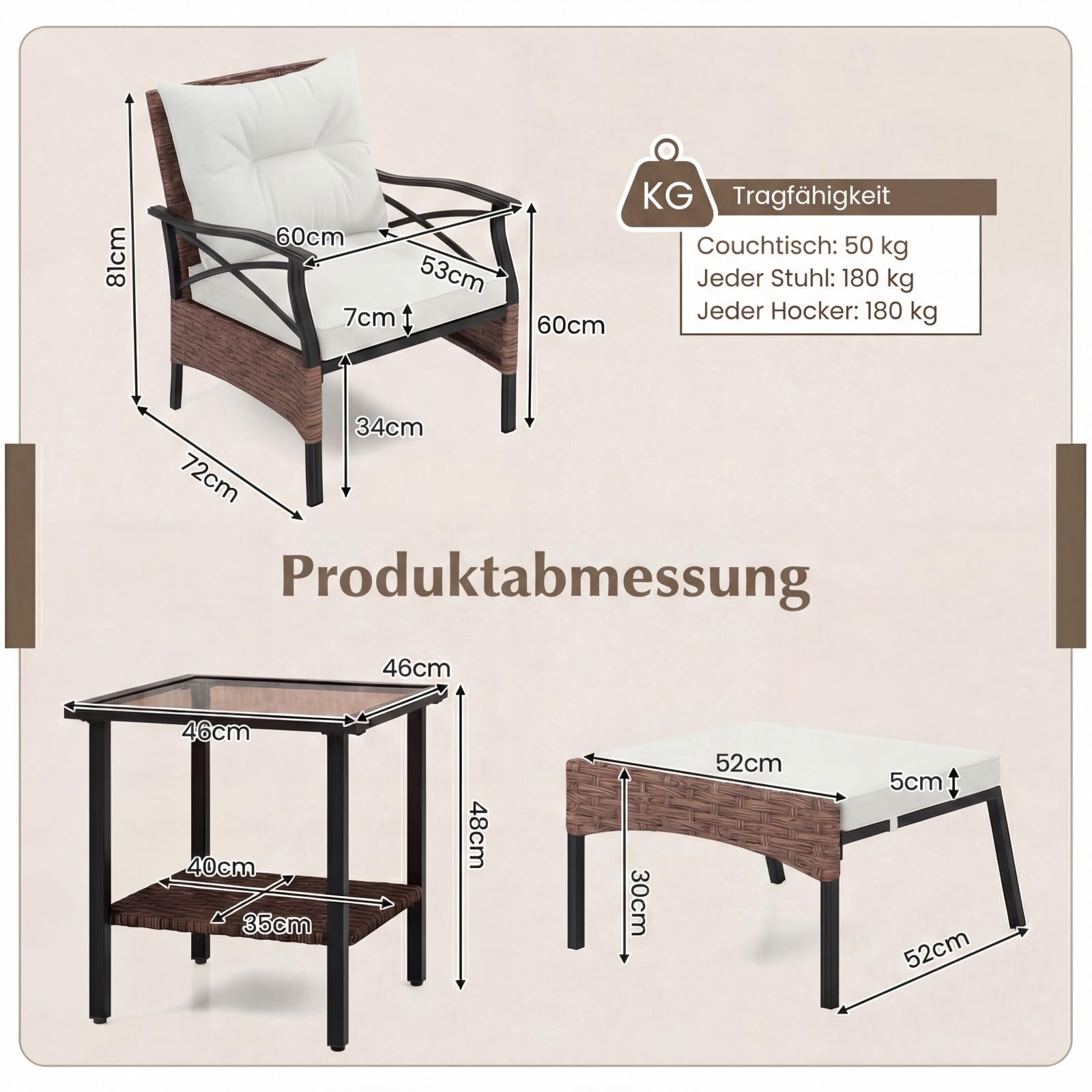 COSTWAY Rattan Gartenmöbel Set, 5-teiliges Balkonmöbel, Balkonset inkl. 2 Stühle mit Kissen, Hocker & Tisch, Terrassenmöbel, Gartengarnitur, Sitzgruppe für Garten, Balkon, Terrasse (Braun + Beige)
