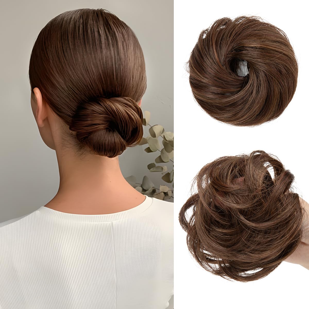 Photo 1 of CJL HAIR 2PCs Small Cute Messy Bun Hair Piece for Thin Hair Women Mini Synthetic Curly Bun Scrunchies Updo Hairpieces Chocolate Multi