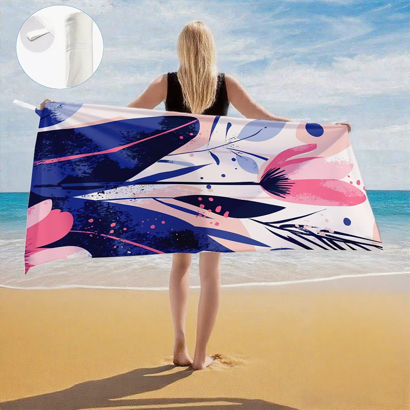 Serviette de Plage Microfibre Serviette Plage 100x150 cm 2 Pack Séchage Rapide, Anti-Sable, Absorbante Fonction Drap de Plage XXL pour Bain, Sport, Voyages, Sauna, Piscine, Yoga, avec Sac Rose Q-646
