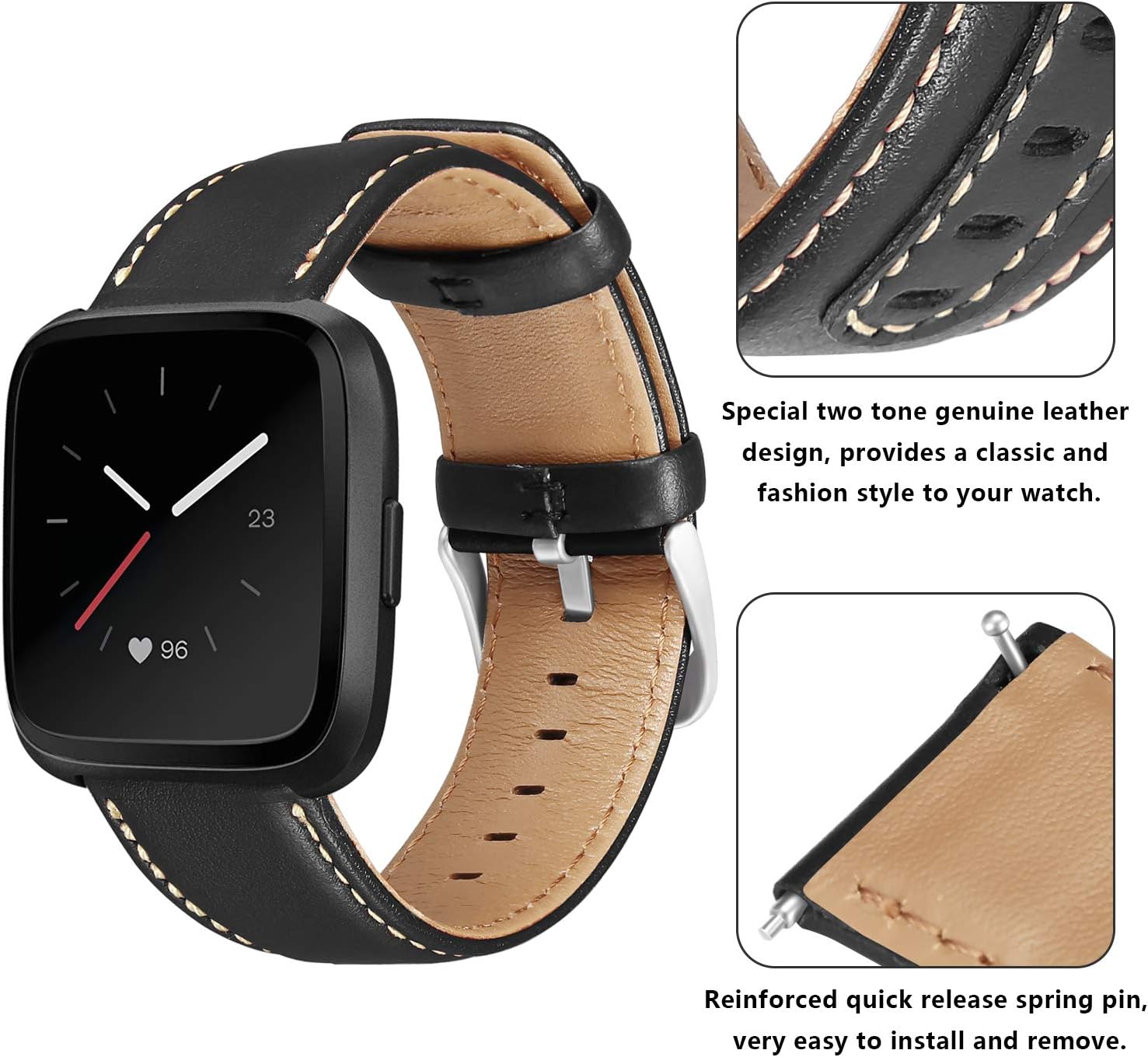 UMAXGET Leather Band Compatible with Fitbit Versa / Fitbit Versa 2/Versa Lite/Versa SE, Classic Genuine Leather Replacement Wristband for Women Men