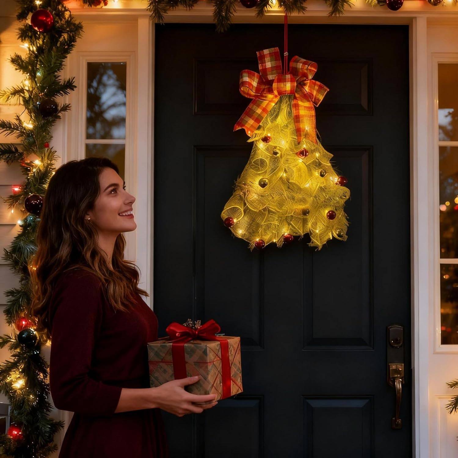 Handmade Christmas Swag 50x23cm, Realistic Pine Garland with Bow and LED Illumination, Festive Decoration for Doors, Mantels, Porch, Indoor, Outdoor Use