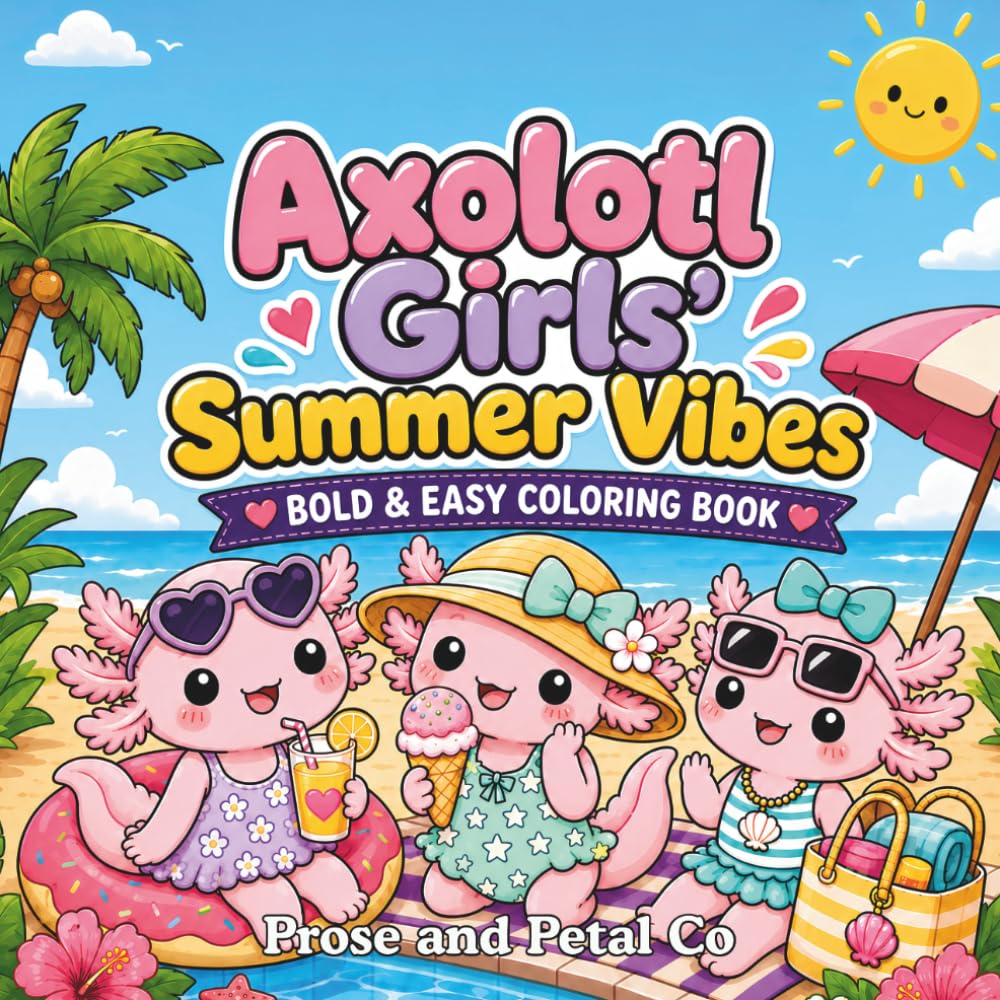 Axolotl Girls’ Summer Vibes: Bold & Easy Coloring Book