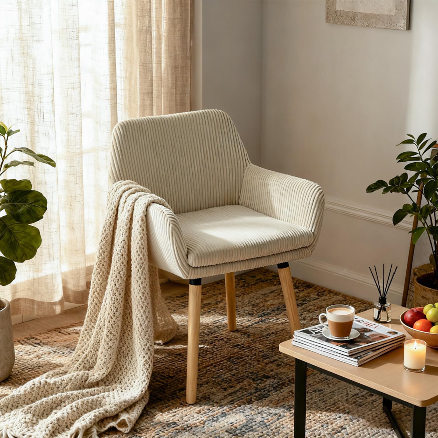 MEUBLE Cosy Sillas de Comedor Escandinavo Juego de 2, Sillas Cocina con Reposabrazos, Asiento Acolchado en Tela de Pana, Patas de Madera, Beige
