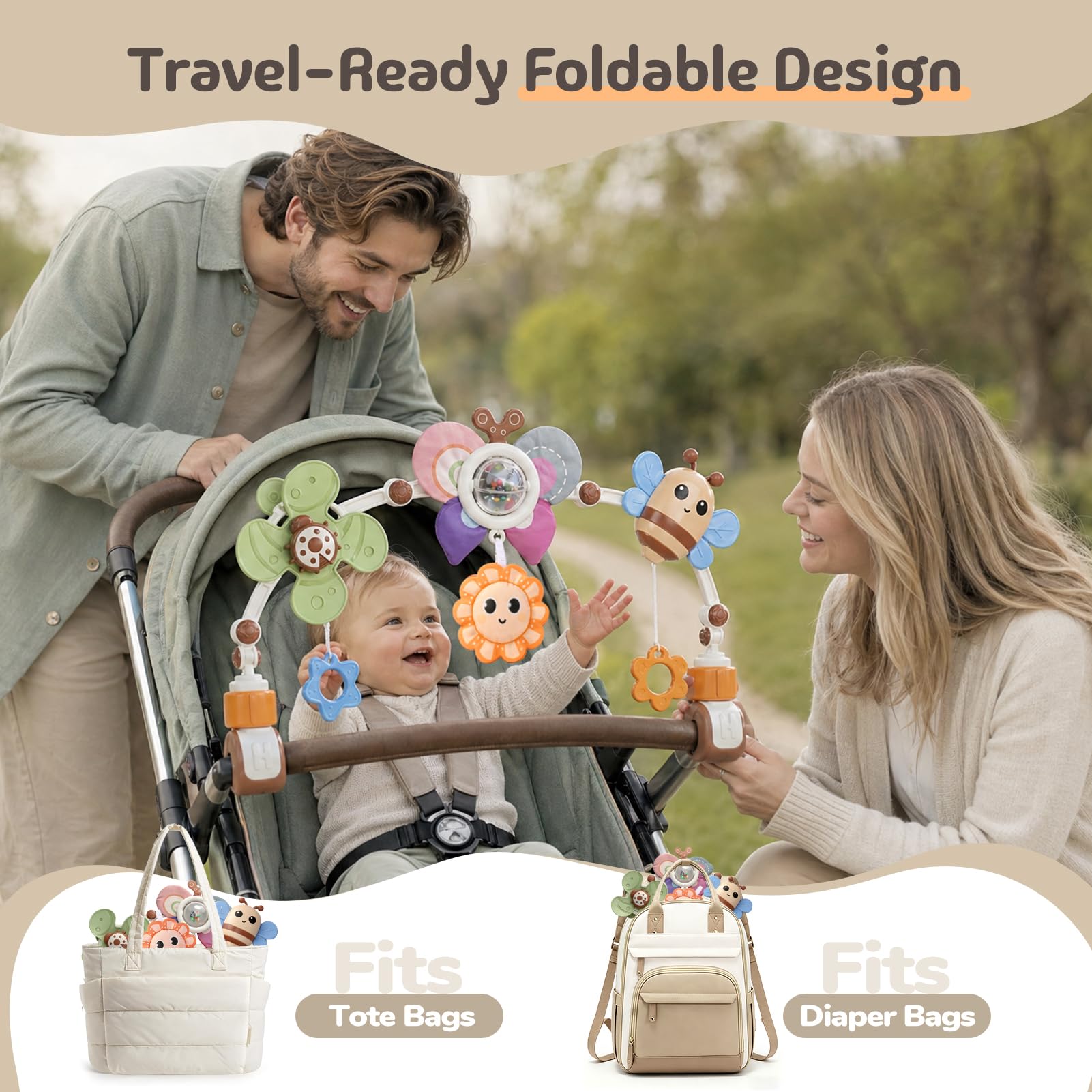 GONINO Passeggino e seggiolino auto giocattoli regolabili da appendere con massaggiagengive e squittio, giocattoli sensoriali per culla e culla, regali per bambini da 0 a 12 mesi