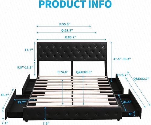 Miniatura 2 de Mjkone Base de cama tapizada de plataforma King con 4 cajones de almacenamiento, marco de cama moderno de piel sintética con cabecera ajustable,
