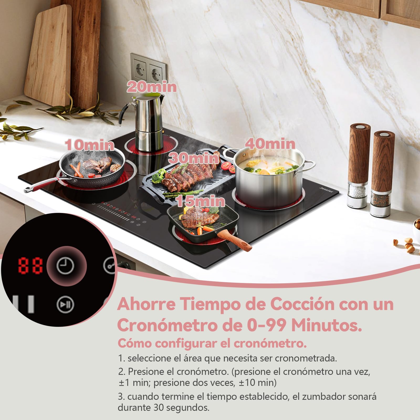 Placa Vitroceramic 5 Fuegos 8400W, Jessier Vitroceramica Induccion con Doble Zona de Barbacoa Ovalada, Placa Electrica Cocina 9 Niveles de Potencia, Función Pausa, Temporizador, Bloqueo de Seguridad