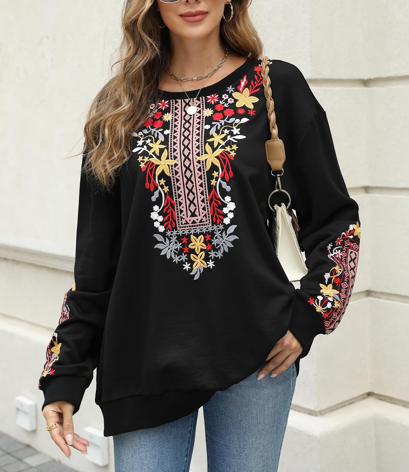 Higustar Women's Embroidered Sweatshirt Mexican Boho Long Sleeve Crewneck Pullover Bohemian Clothes Mama Fall Outfits