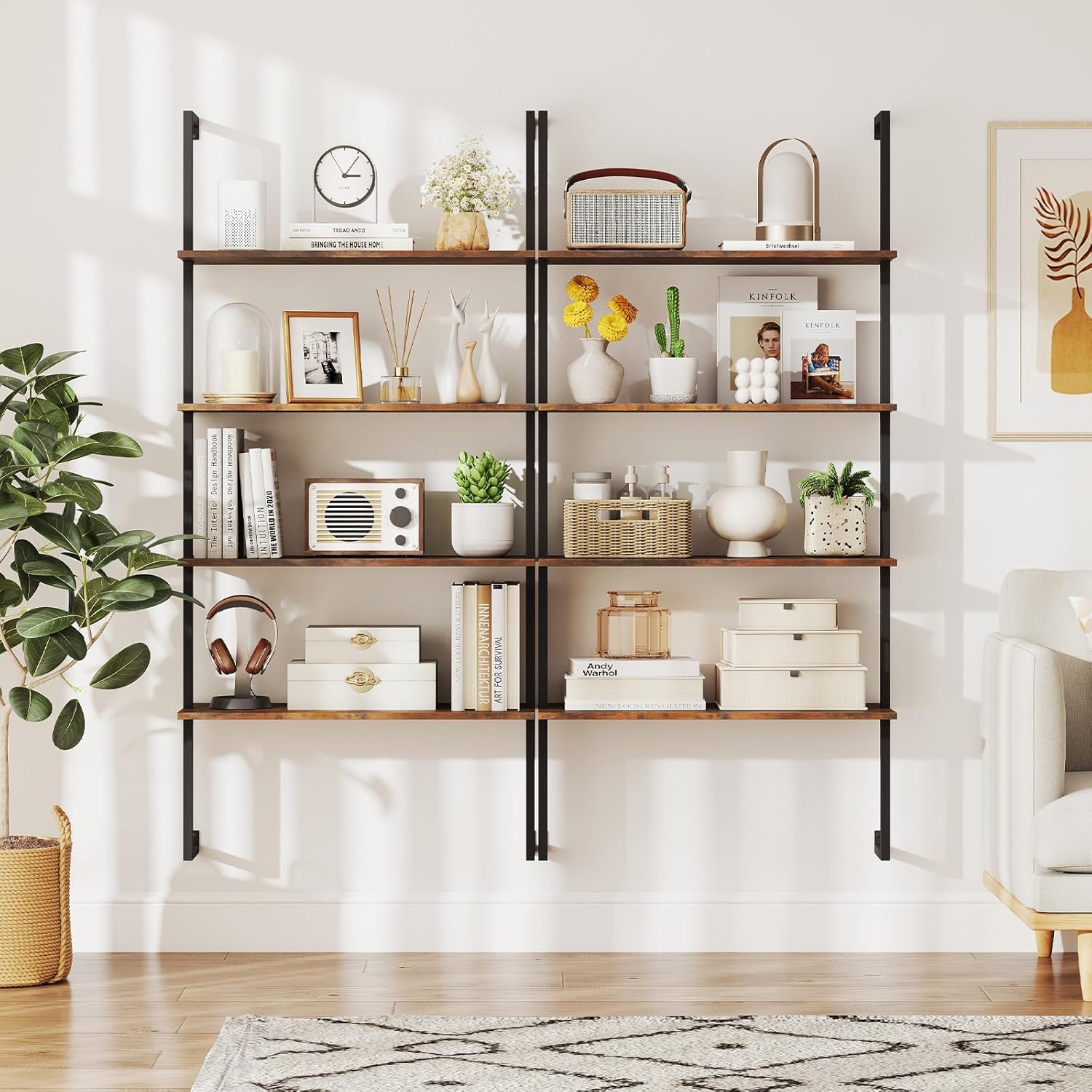 Tangkula 4-Tier Wall-Mounted Bookshelf, Industrial Floating Storage Display Shelves with Metal Frame, Wall-Mounted Ladder Wooden Bookcase for Living Room, Kitchen, Bar, Office (1, Brown)