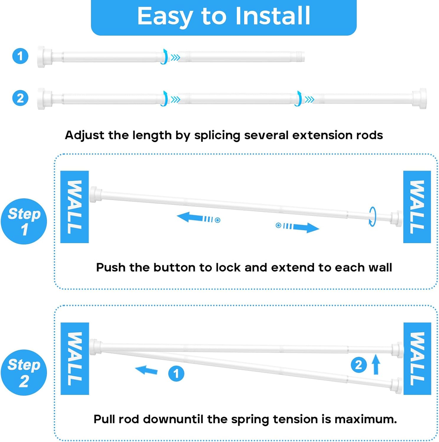 1-Pack White Shower Curtain Rod 46-78 Inch - Shower Tension Rod for Bathroom, Closet, Window, Room Divider, Adjustable Shower Rod, Easy Installation, No Drilling White 46" to 78"-1Pcs