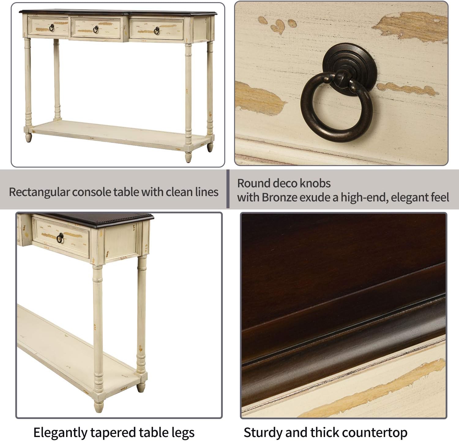 P PURLOVE Console Table Sofa Table with 3 Drawers Luxurious and Exquisite Design for Entryway with Projecting Drawers and Long Shelf (Antique Beige)