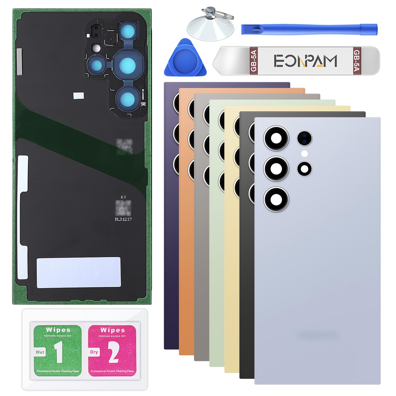 Eonpam Back Glass Replacement for Samsung Galaxy S24 Ultra SM-S928 Back Cover Rear Housing with Camera Lens + Repair Tool Kit Genuine Rear Glass (Blue