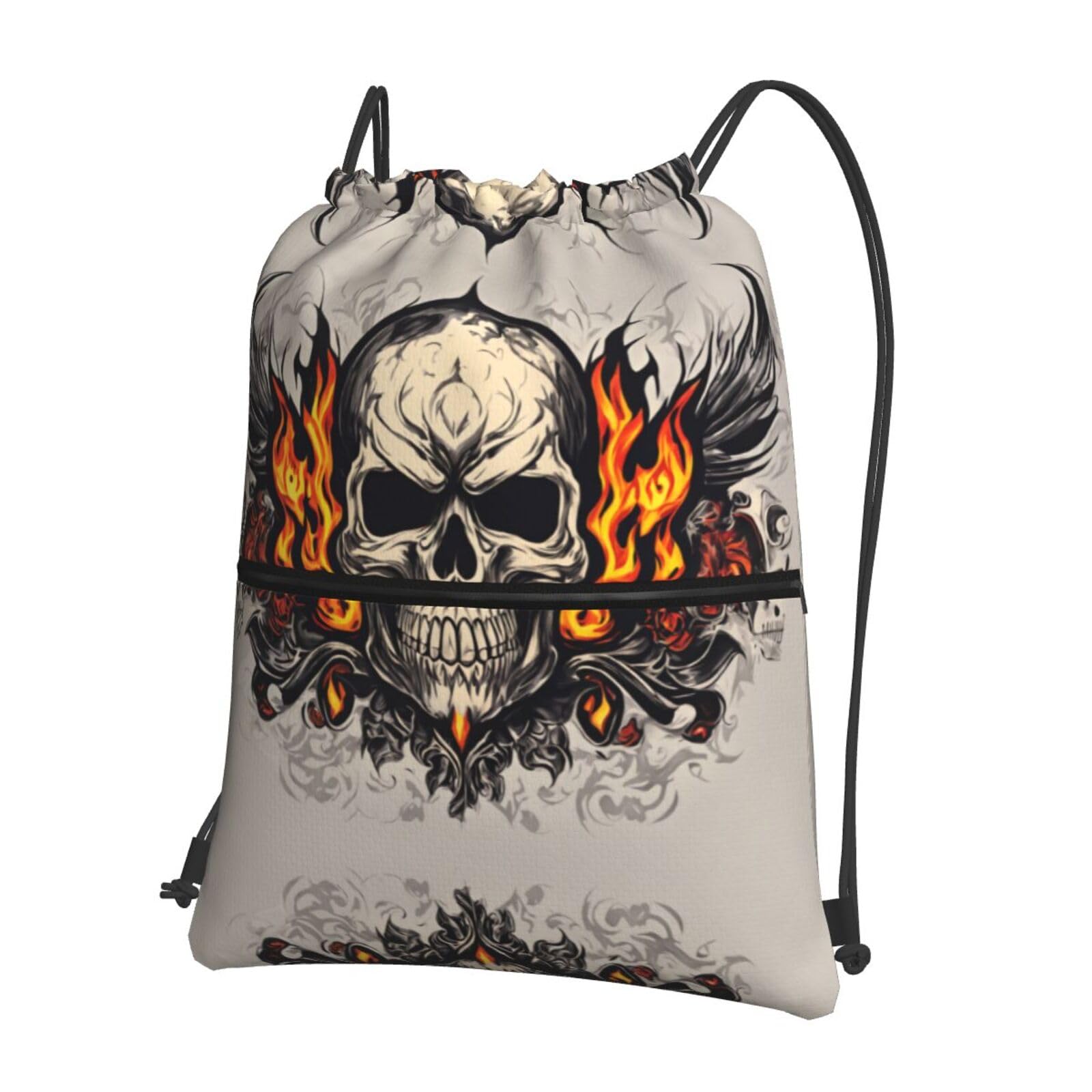 Wzywhj Black Fire Skull Printed Drawstring Backpack, Outdoor Leisure Zipper Bag, Waterproof Fitness